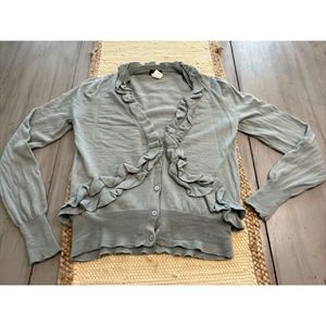 J Crew Gray Blue Ruffle V Neck Traversa Cardigan Sweater Sz M 100% Merino Wool